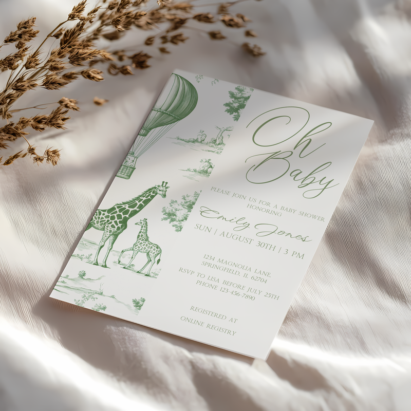 Baby Shower Invitation - Green Safari Toile de Jouy  BS121