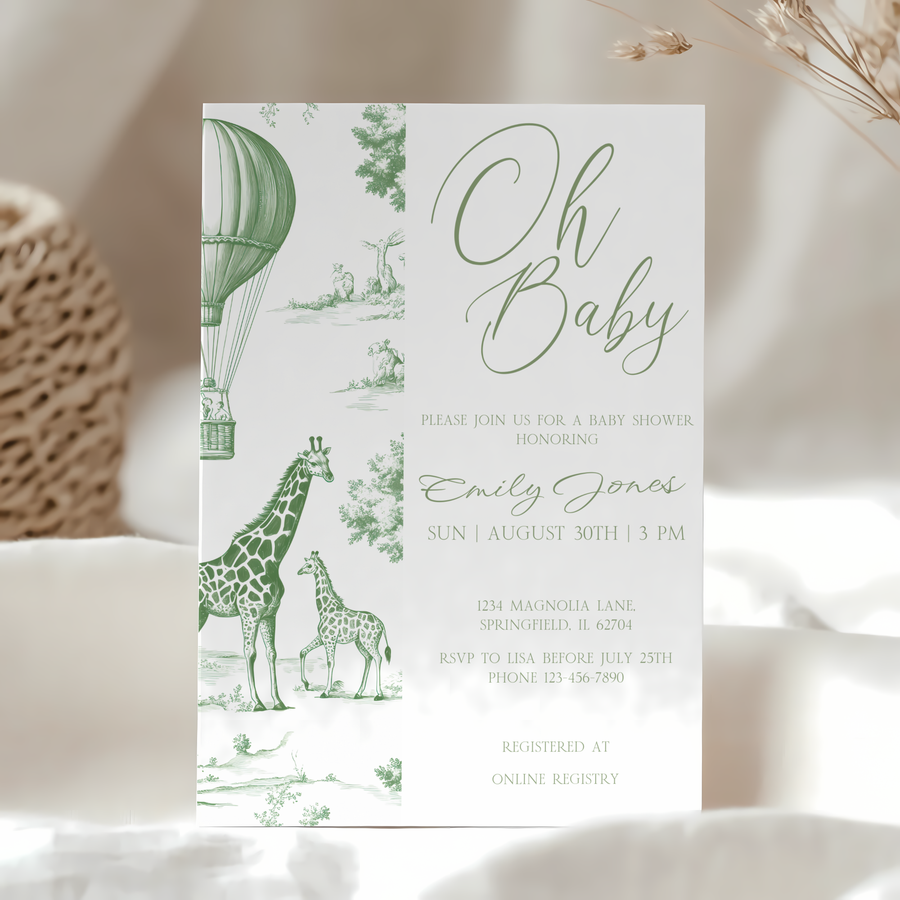 Baby Shower Invitation - Green Safari Toile de Jouy  BS121