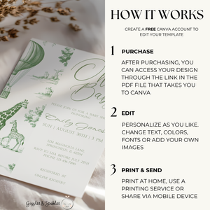 Baby Shower Invitation - Green Safari Toile de Jouy  BS121