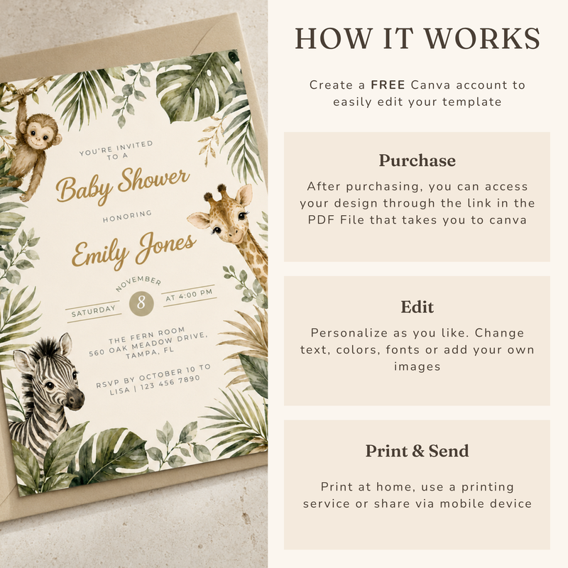 Safari Baby Shower Invitation with Jungle Animals BS319