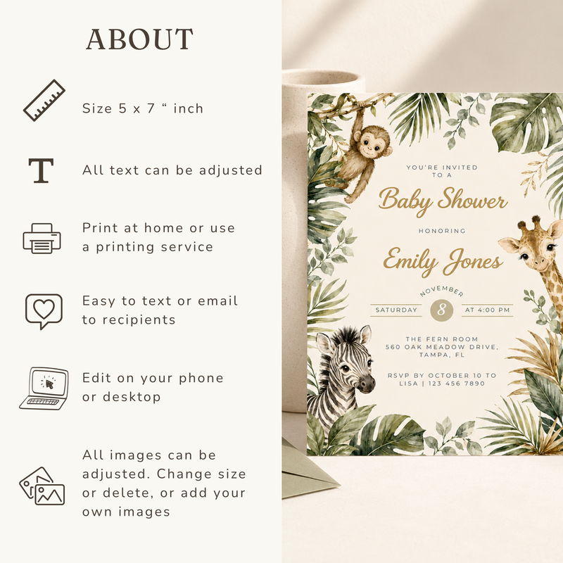 Safari Baby Shower Invitation with Jungle Animals BS319