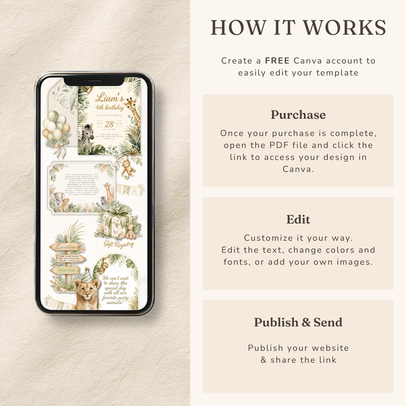Safari Birthday Website Invitation with Online RSVP Tracker L160