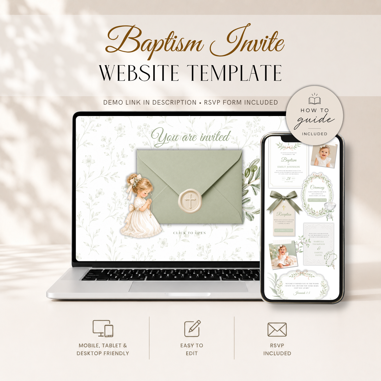 Sage Green Baptism Website Invitation with RSVP - Girl L143