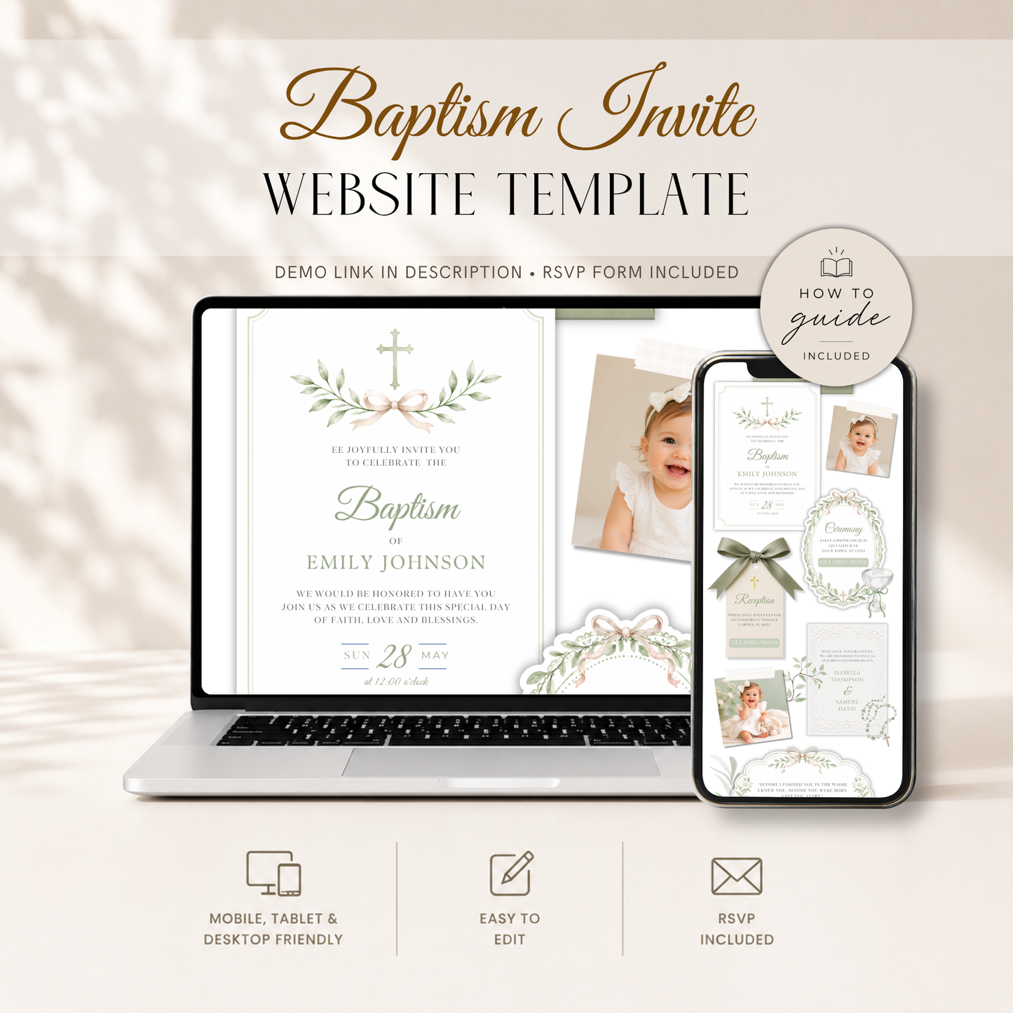 Sage Green Baptism Website Invitation with RSVP - Girl L143