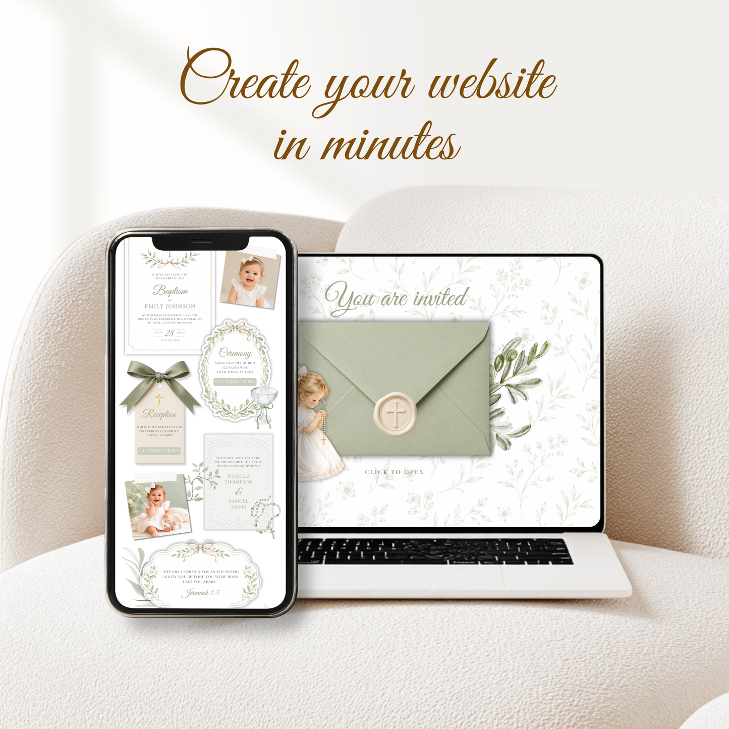 Sage Green Baptism Website Invitation with RSVP - Girl L143