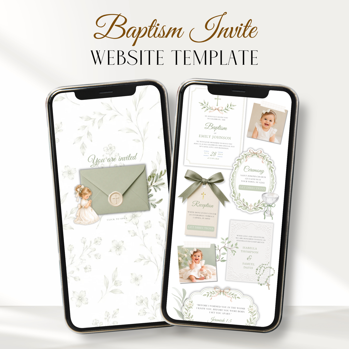 Sage Green Baptism Website Invitation with RSVP - Girl L143