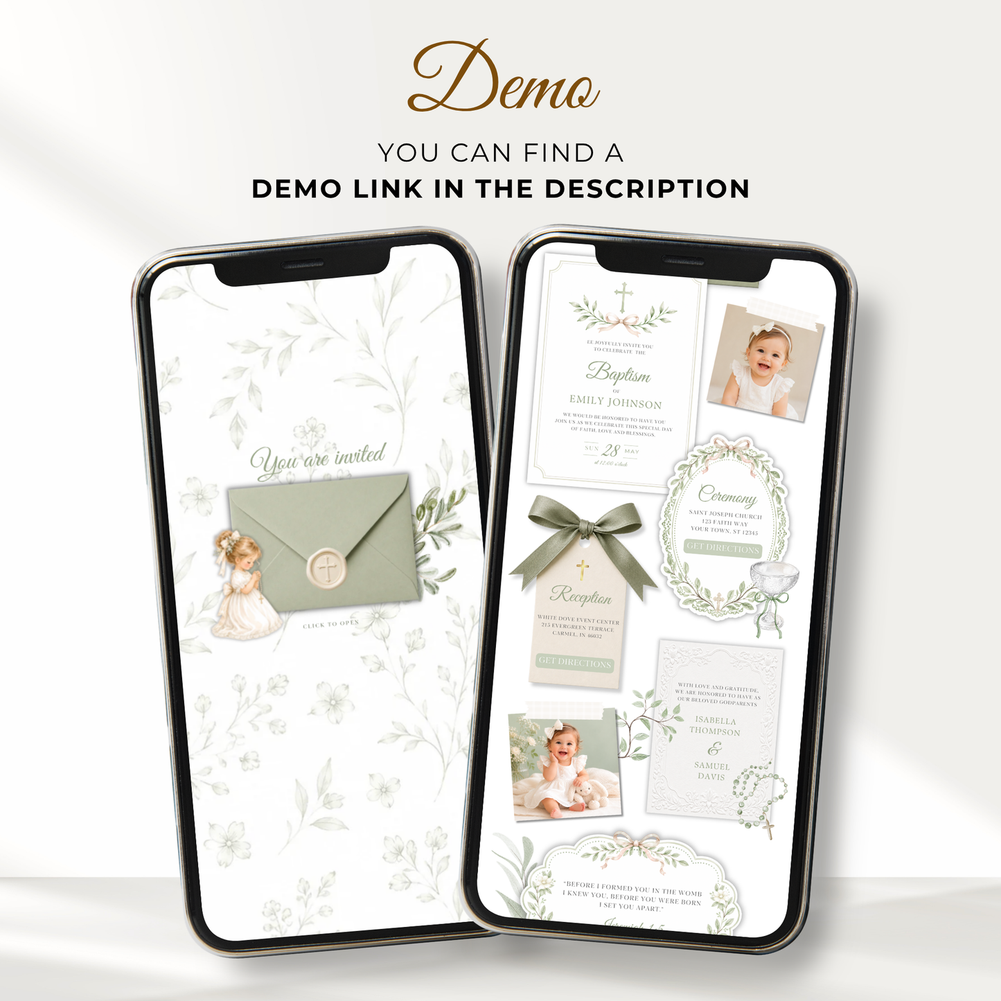Sage Green Baptism Website Invitation with RSVP - Girl L143