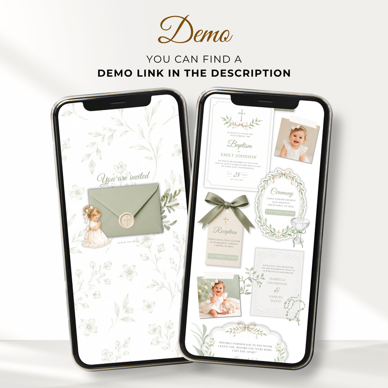 Sage Green Baptism Website Invitation with RSVP - Girl L143