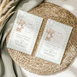Sage Green Gingham Bear Baby Shower Invitation - We Can Bearly Wait BS295