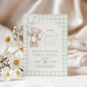 Sage Green Gingham Bear Baby Shower Invitation - We Can Bearly Wait BS295