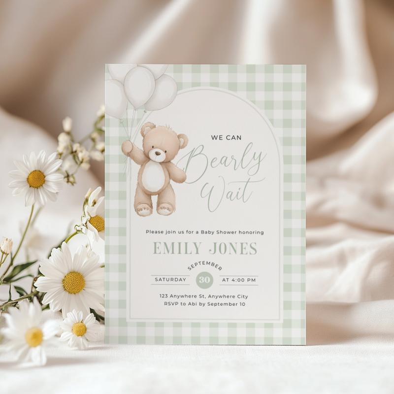 Sage Green Gingham Bear Baby Shower Invitation - We Can Bearly Wait BS295