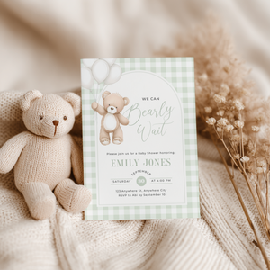 Sage Green Gingham Bear Baby Shower Invitation - We Can Bearly Wait BS295