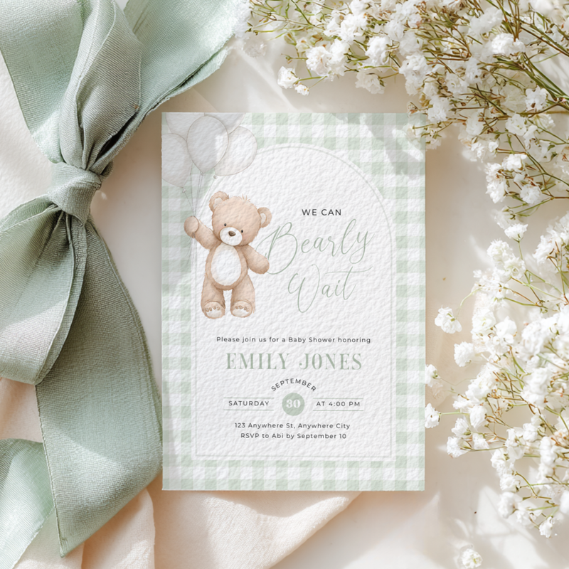 Sage Green Gingham Bear Baby Shower Invitation - We Can Bearly Wait BS295