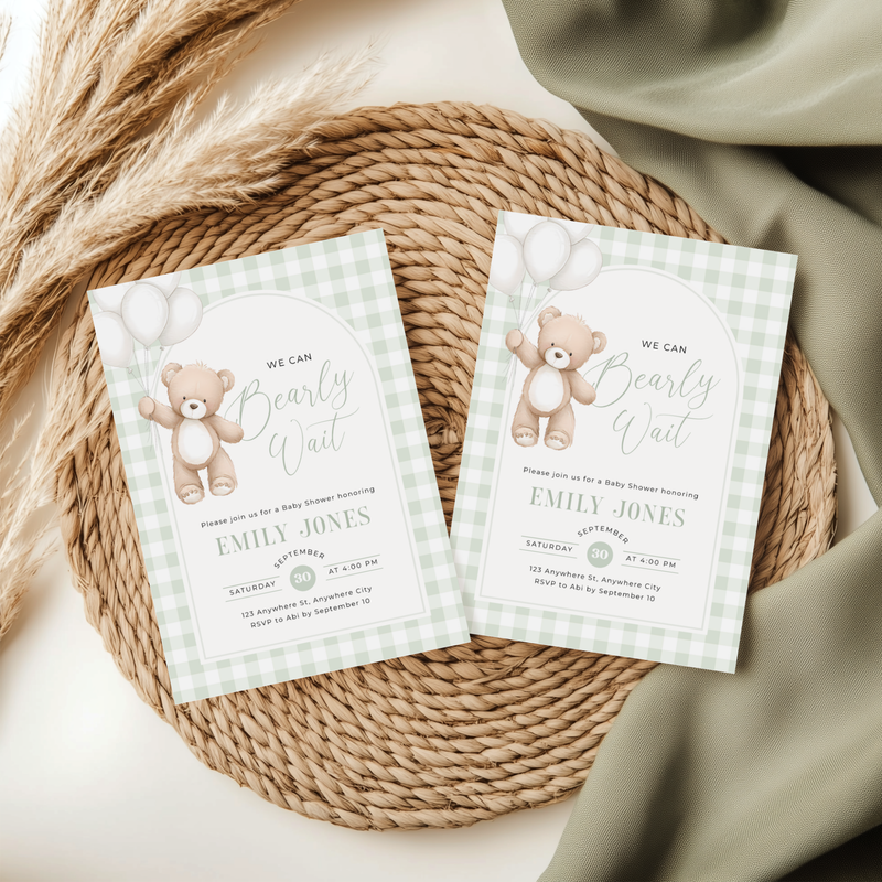 Sage Green Gingham Bear Baby Shower Invitation - We Can Bearly Wait BS295