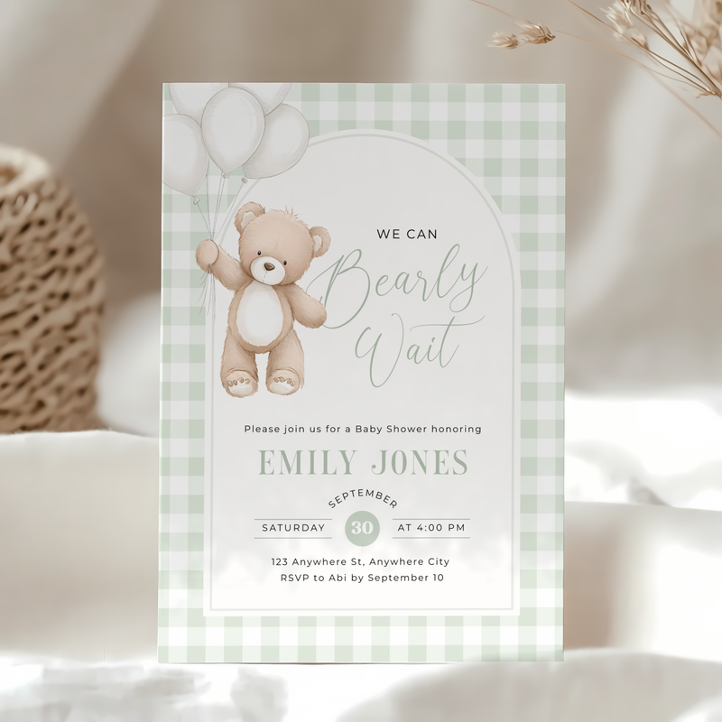 Sage Green Gingham Bear Baby Shower Invitation - We Can Bearly Wait BS295