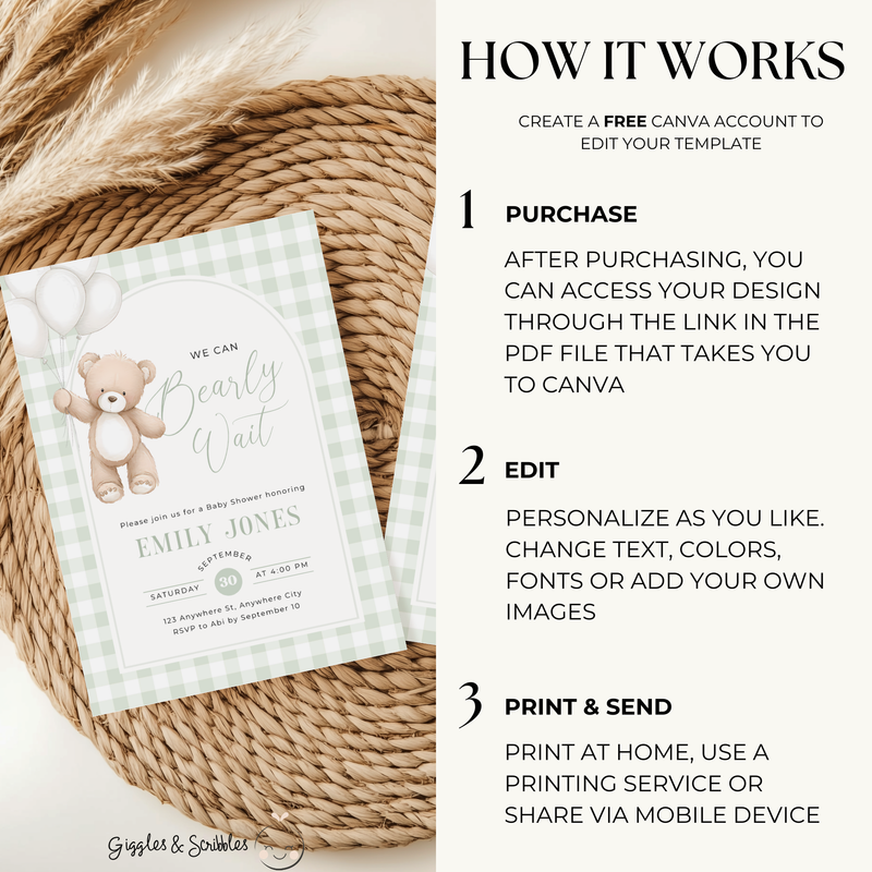 Sage Green Gingham Bear Baby Shower Invitation - We Can Bearly Wait BS295