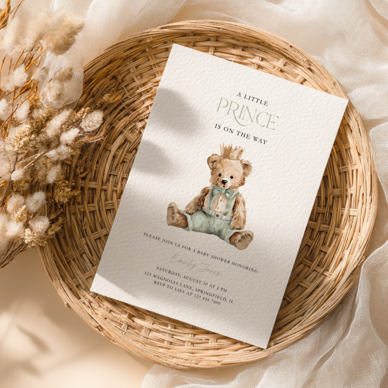 Sage Green Bear Baby Shower Invitation - Little Prince Theme BS294