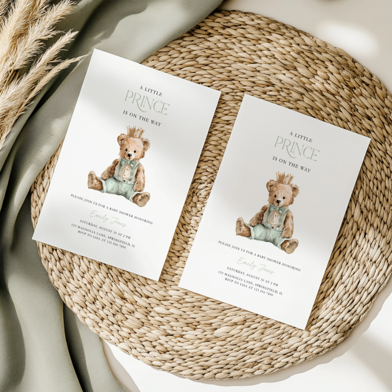 Sage Green Bear Baby Shower Invitation - Little Prince Theme BS294
