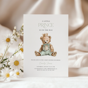 Sage Green Bear Baby Shower Invitation - Little Prince Theme BS294