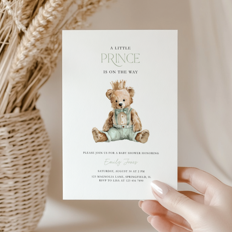 Sage Green Bear Baby Shower Invitation - Little Prince Theme BS294