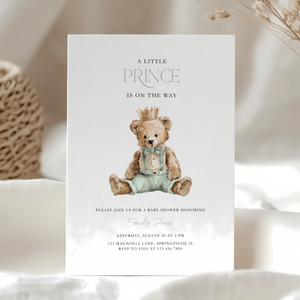 Sage Green Bear Baby Shower Invitation - Little Prince Theme BS294