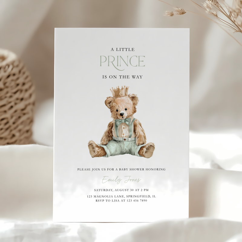Sage Green Bear Baby Shower Invitation - Little Prince Theme BS294