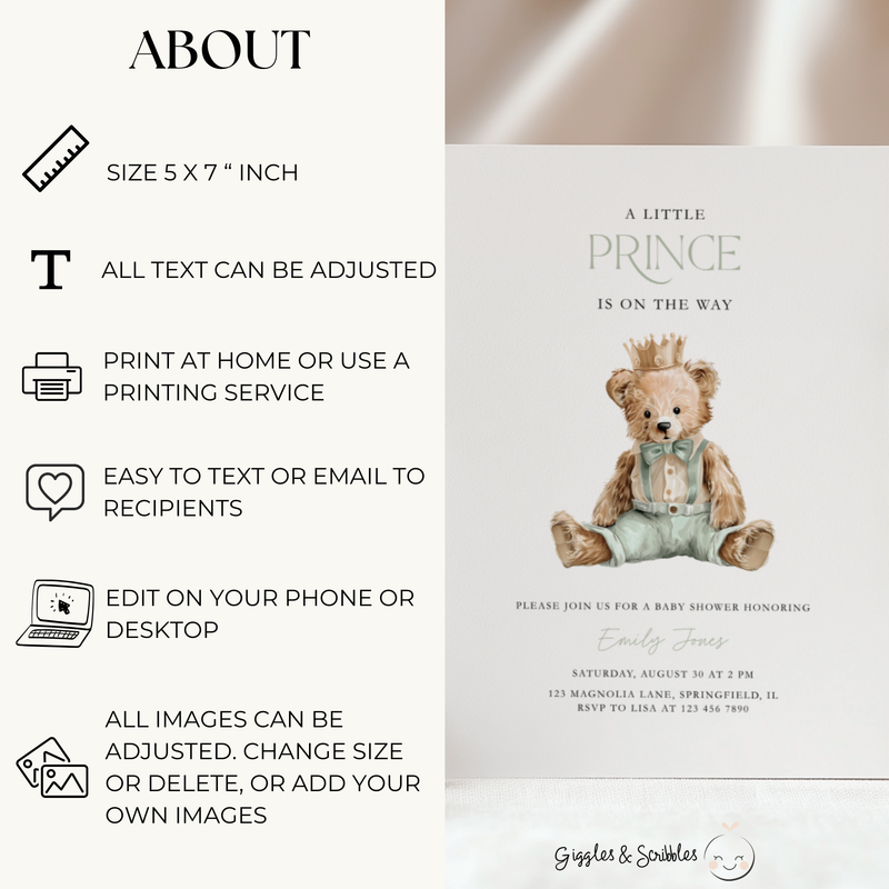 Sage Green Bear Baby Shower Invitation - Little Prince Theme BS294