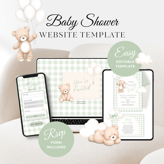 Sage Green Bearly Wait Baby Shower Invitation Website Template with RSVP Tracker BS295