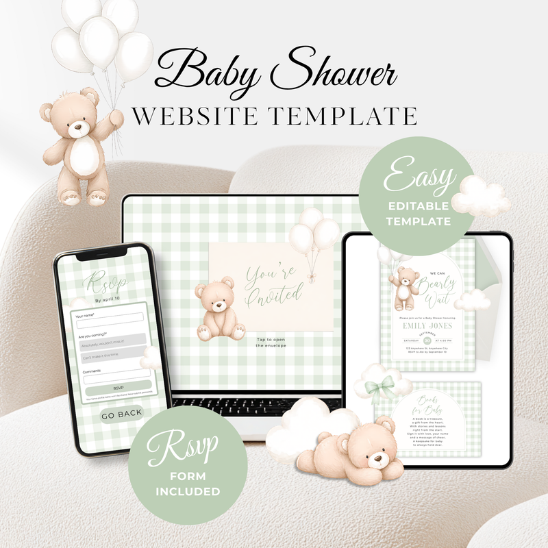 Sage Green Bearly Wait Baby Shower Invitation Website Template with RSVP Tracker BS295