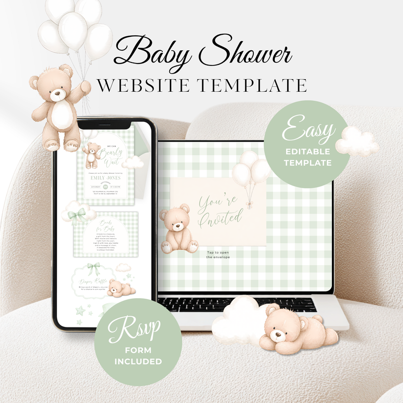 Sage Green Bearly Wait Baby Shower Invitation Website Template with RSVP Tracker BS295
