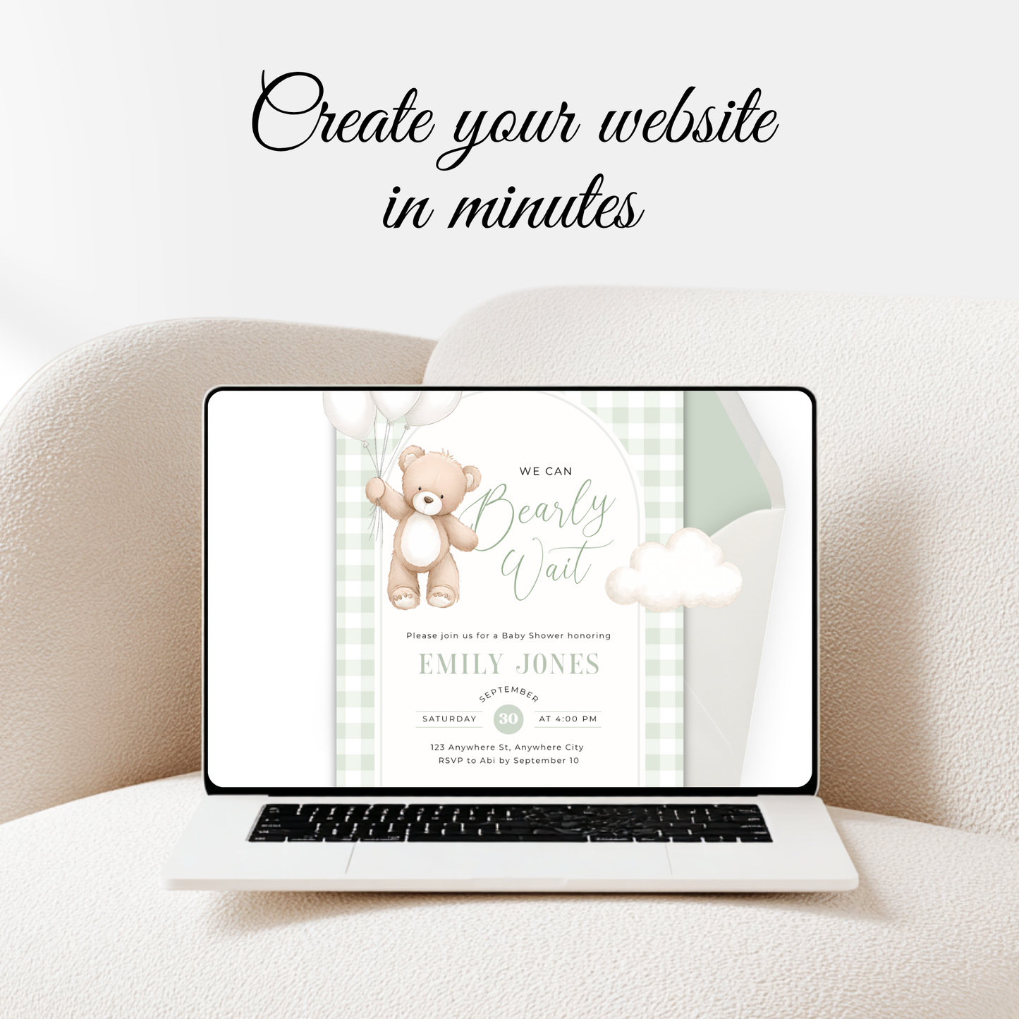 Sage Green Bearly Wait Baby Shower Invitation Website Template with RSVP Tracker BS295
