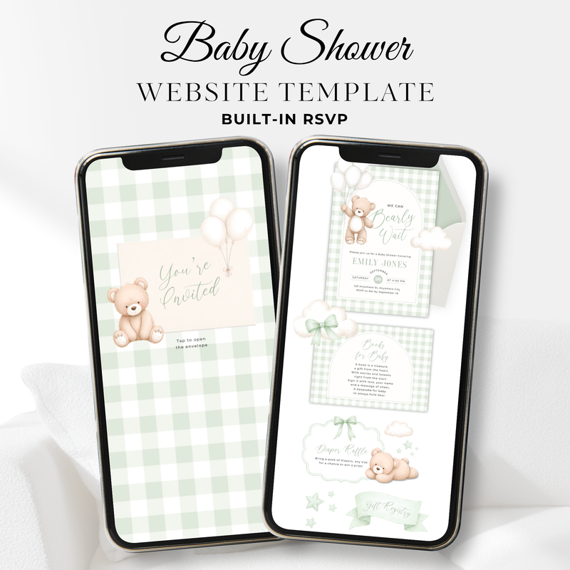 Sage Green Bearly Wait Baby Shower Invitation Website Template with RSVP Tracker BS295
