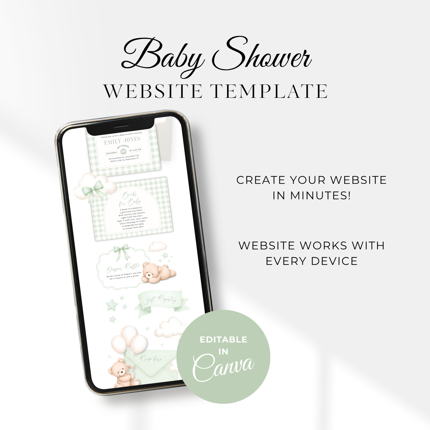 Sage Green Bearly Wait Baby Shower Invitation Website Template with RSVP Tracker BS295