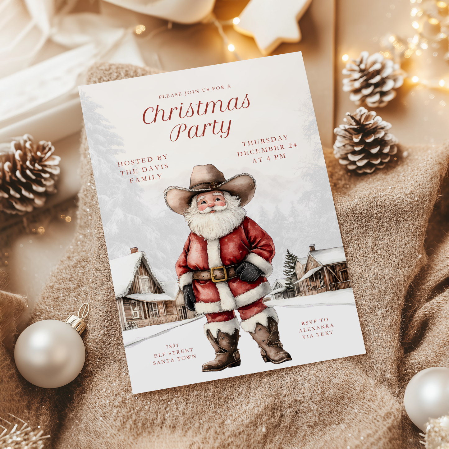 Cowboy Santa Christmas Party Invitation L67