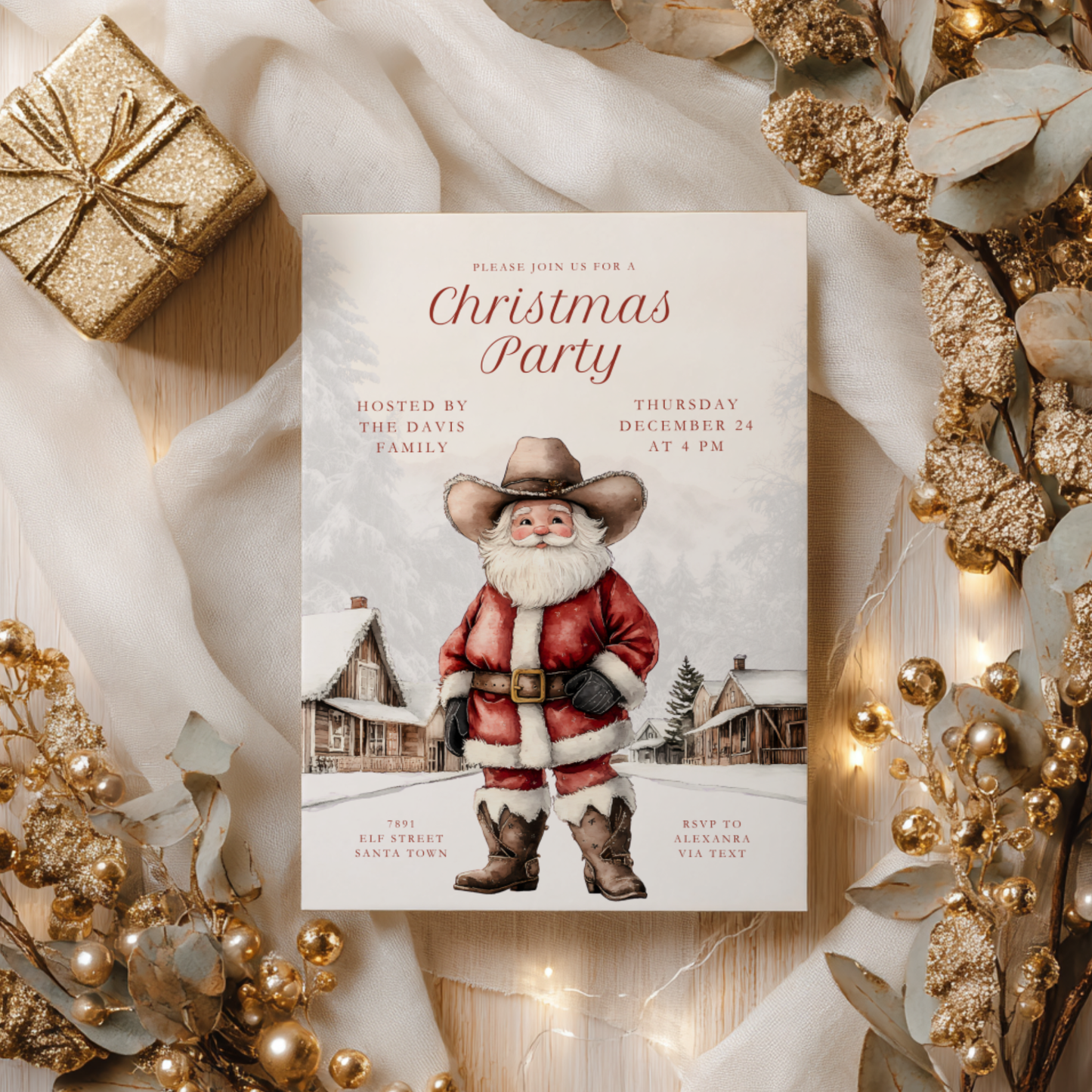 Cowboy Santa Christmas Party Invitation L67