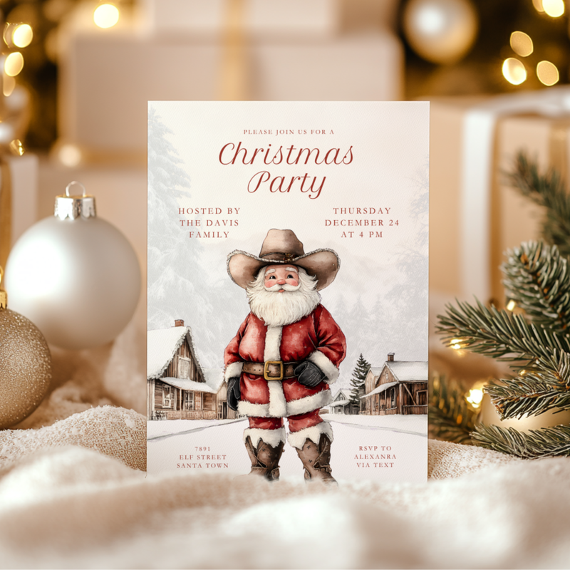 Cowboy Santa Christmas Party Invitation L67