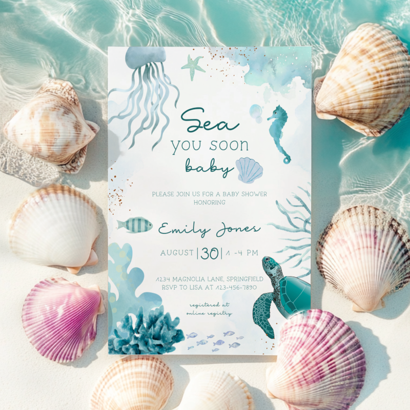 Baby Shower Invitation - Sea You Soon Baby Under The Sea Animals BS158