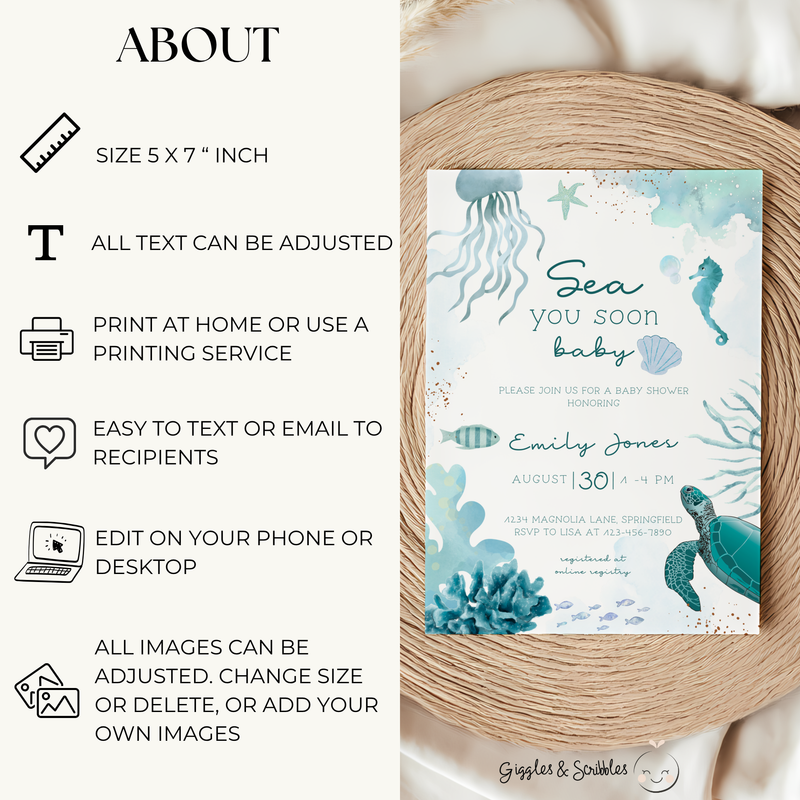 Baby Shower Invitation - Sea You Soon Baby Under The Sea Animals BS158