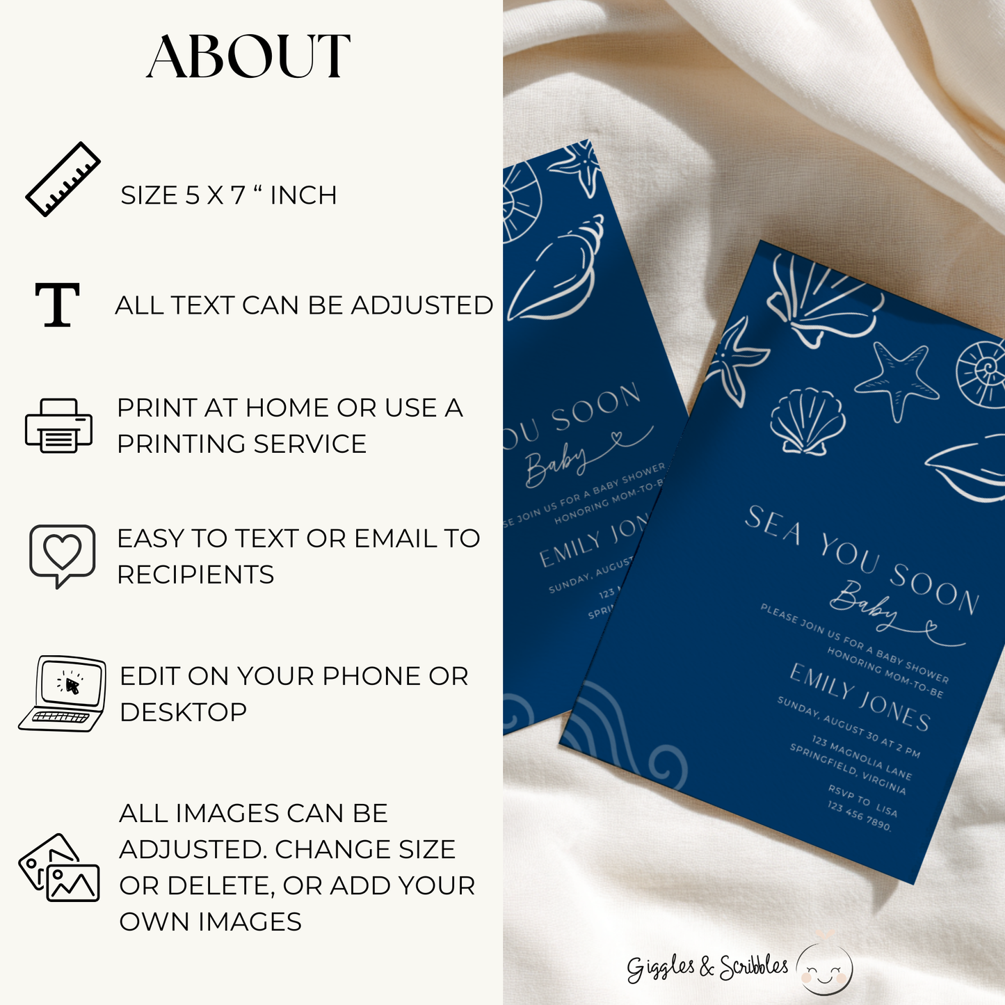 Sea You Soon Baby Shower Invitation Dark Navy BS279