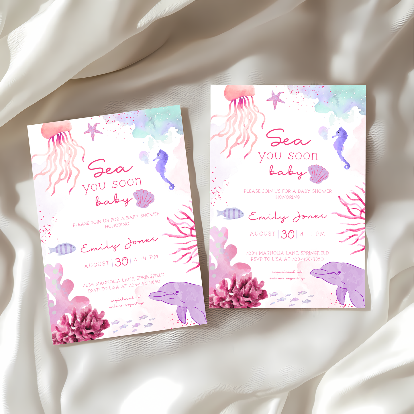 Baby Shower Invitation - Pink Under The Sea Animals Sea You Soon BS158