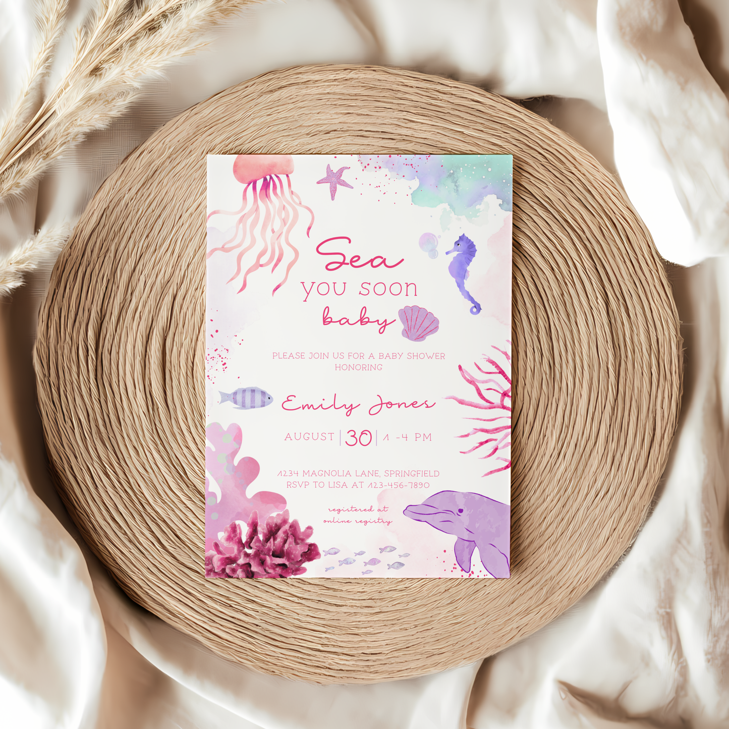 Baby Shower Invitation - Pink Under The Sea Animals Sea You Soon BS158