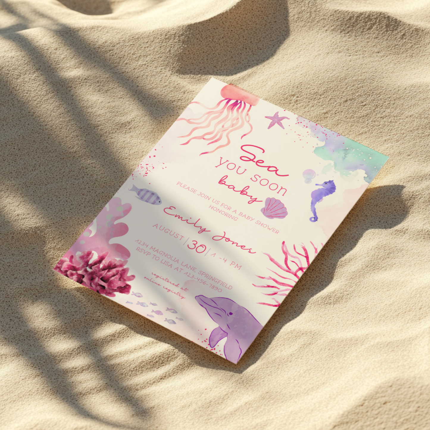 Baby Shower Invitation - Pink Under The Sea Animals Sea You Soon BS158