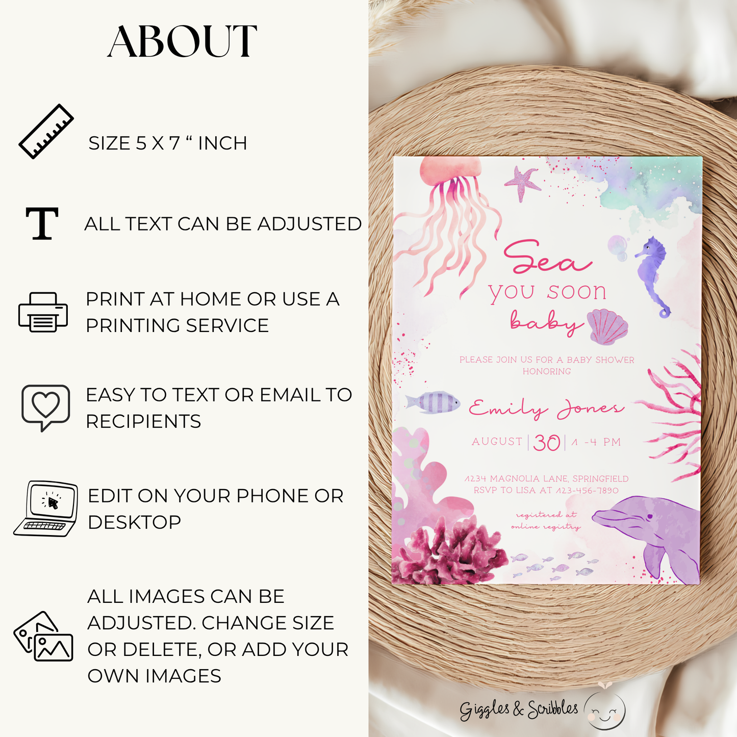 Baby Shower Invitation - Pink Under The Sea Animals Sea You Soon BS158