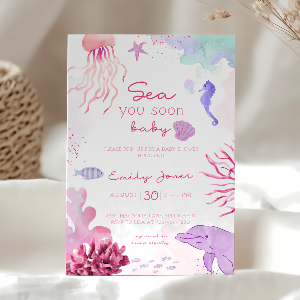 Baby Shower Invitation - Pink Under The Sea Animals Sea You Soon BS158 ...