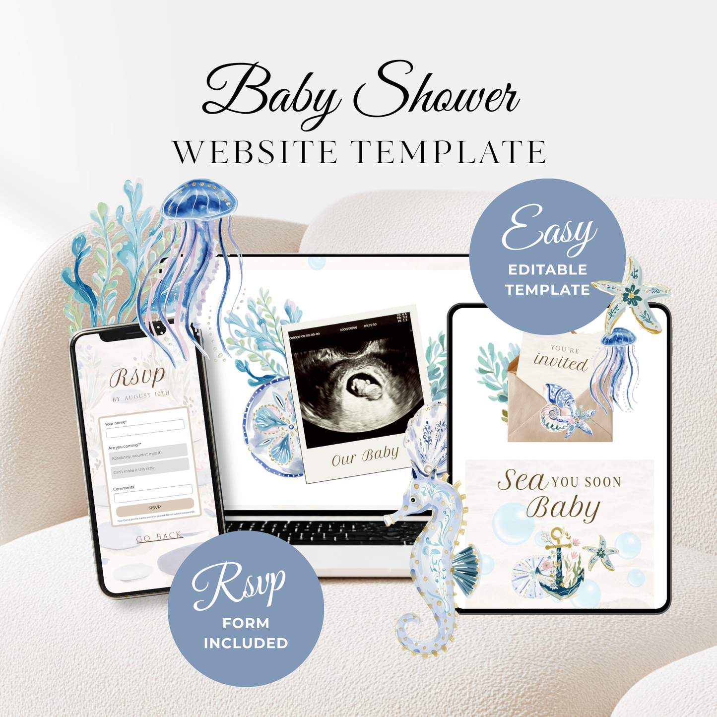 Sea You Soon Baby Shower Website Template - Under The Sea RSVP Website BS301
