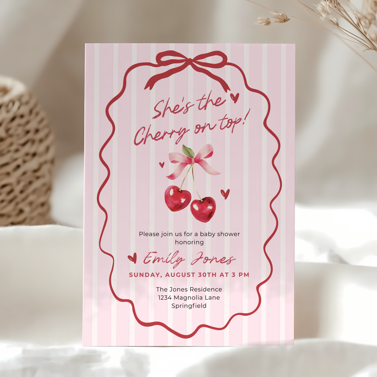 Baby Shower Invitation - She's The Cherry On Top Pink Coquette Bow BS177