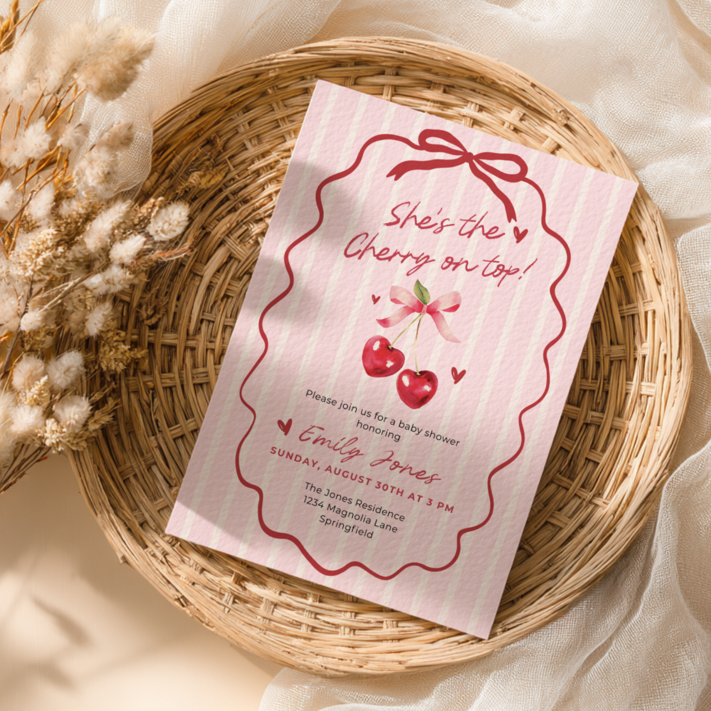 Baby Shower Invitation - She's The Cherry On Top Pink Coquette Bow BS177