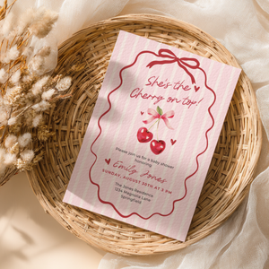 Baby Shower Invitation - She's The Cherry On Top Pink Coquette Bow BS177