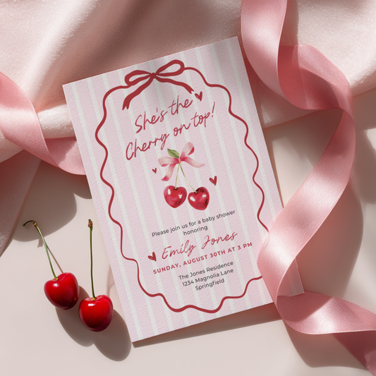 Baby Shower Invitation - She's The Cherry On Top Pink Coquette Bow BS177