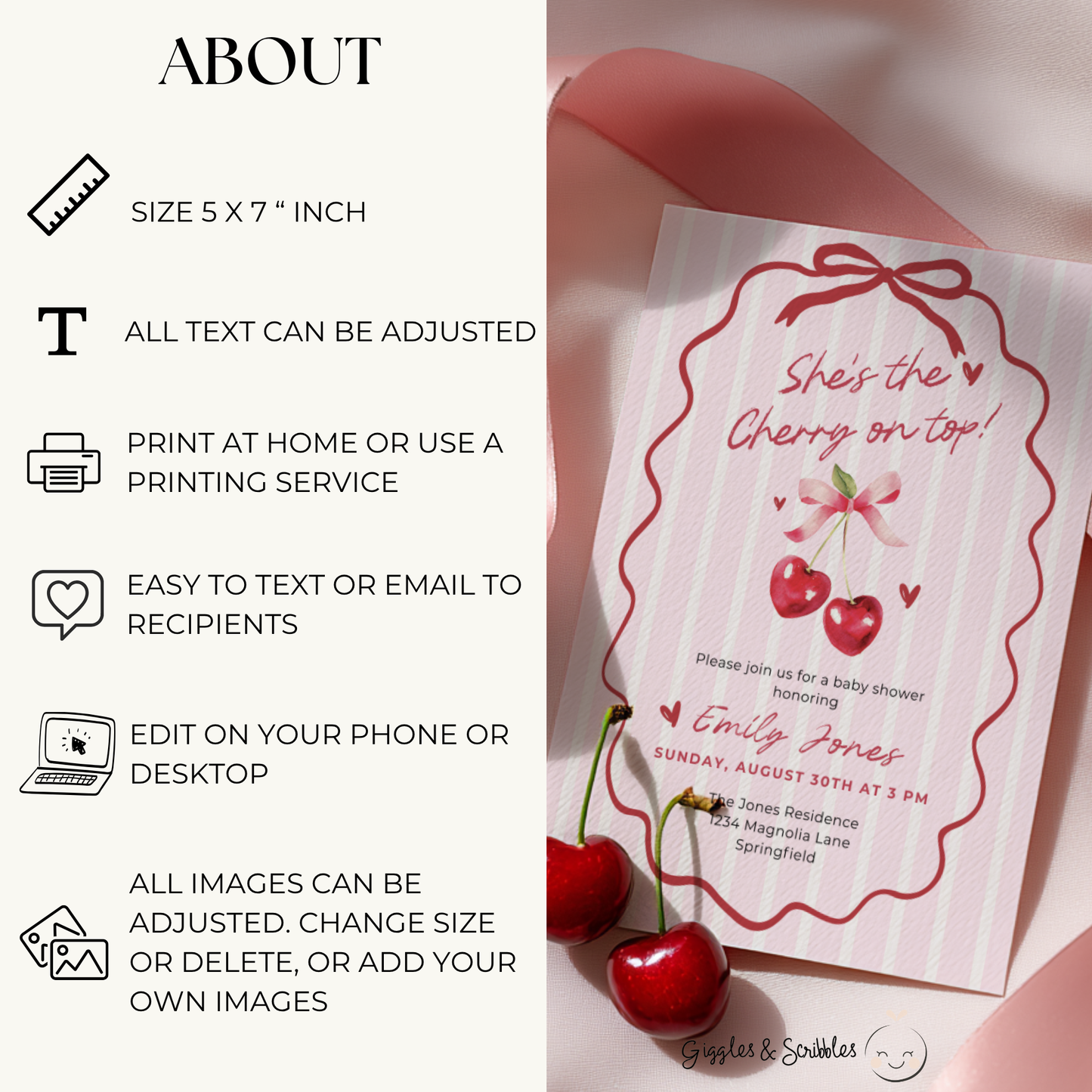Baby Shower Invitation - She's The Cherry On Top Pink Coquette Bow BS177